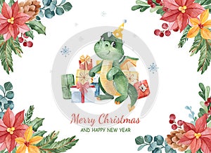 Watercolor Merry Christmas ready to use greeting card with branches,leaves,berries, poinsettia and cute cartoon dragon.