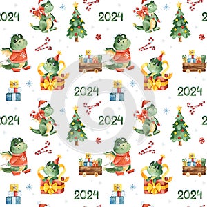 Watercolor Merry Christmas seamless background with candy,gift boxes,christmas tree,stars and cute dragons