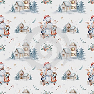 Watercolor Merry Christmas seamless pattern snowman, christmas tree, santa holiday invitation. Christmas gift