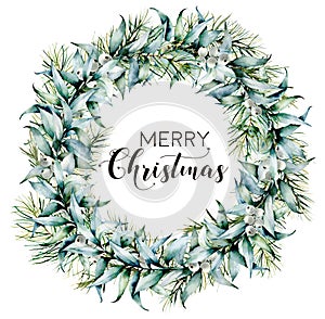 Watercolor Merry Christmas wreath with eucalyptus. Hand painted fir border with eucalyptus leaves and branches, white