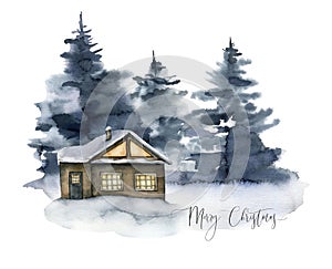 Watercolor Mery Christmas card with winter forest and house. Hand painted foggy fir trees illustration isolated on white