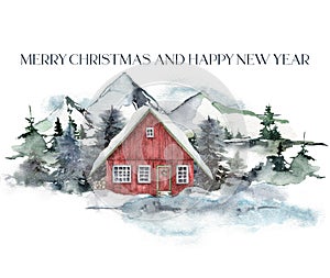 Watercolor Mery Christmas card of winter forest, house and mountains. Hand painted fir trees illustration isolated on