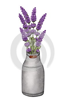 Watercolor metal can with lavender flowers bouquet isolated on white background