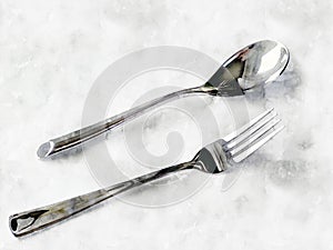 Watercolor metal spoon and fork. Hand drawn realistic illustration with light grey background. Print ready poster with