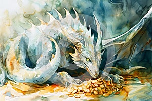 Watercolor of a mighty dragon protecting its treasure