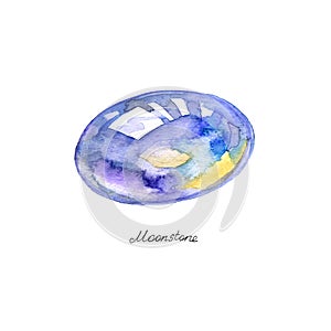 Watercolor mineral Moonstone crystal gem on white background
