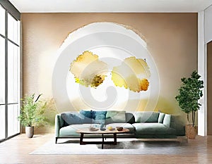 Watercolor of Minimalistic Modern Living Room with Bright Picture Frame and Concept Wallpaper