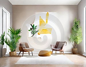 Watercolor of Minimalistic Modern Living Room with Bright Picture Frame and Concept Wallpaper