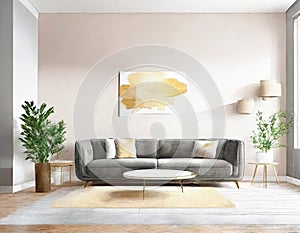 Watercolor of Minimalistic Modern Living Room with Bright Picture Frame and Concept Wallpaper