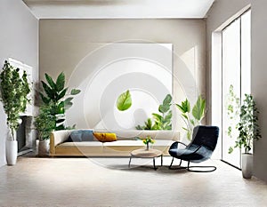 Watercolor of Minimalistic Modern Living Room with Bright Picture Frame and Concept Wallpaper