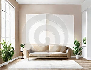 Watercolor of Minimalistic Modern Living Room with Bright Picture Frame and Concept Wallpaper