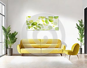 Watercolor of Minimalistic Modern Living Room with Bright Picture Frame and Concept Wallpaper