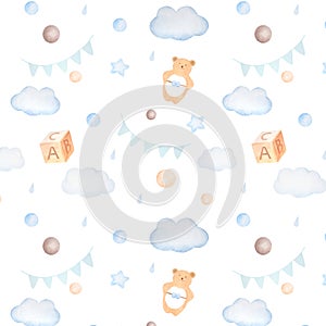 Watercolor seamless pattern with clouds, teething toy bear, cube, balls, flags, drops and stars in blue colors on white