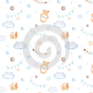 Watercolor seamless pattern with clouds, teething toy bear, cube, balls, flags, drops and stars in blue colors on white