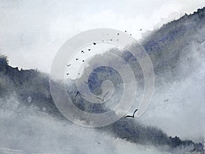 Watercolor misty landscape mountain fog and birds flying in the sky. traditional oriental ink asia art style