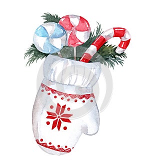 Watercolor mitten with sweets and fir branches. Winter time.