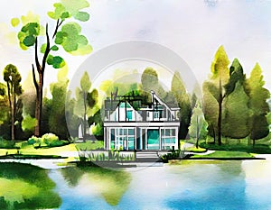 Watercolor of Modern architecture house by the lake created with technology