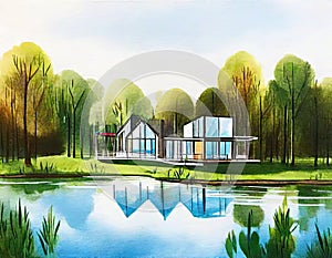 Watercolor of Modern architecture house by the lake created with technology