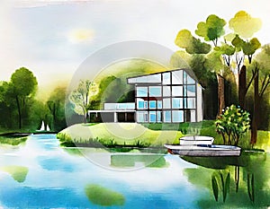 Watercolor of Modern architecture house by the lake created with technology