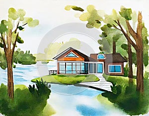 Watercolor of Modern architecture house by the lake created with technology