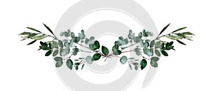 Watercolor modern decorative element. Eucalyptus round Green leaf Wreath, greenery branches, garland, border, frame, elegant photo