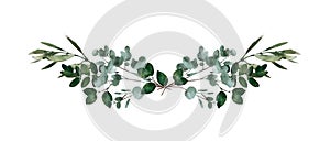 Watercolor modern decorative element. Eucalyptus round Green leaf Wreath, greenery branches, garland, border, frame, elegant