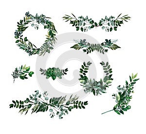 Watercolor modern decorative element. Eucalyptus round Green leaf Wreath, greenery branches, garland, border, frame, elegant photo