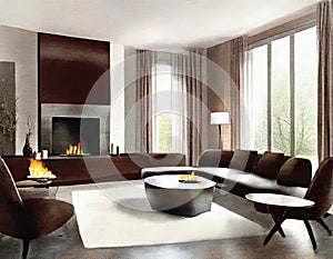 Watercolor of A modern elegant living room with a warm