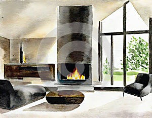 Watercolor of A modern elegant living room with a warm