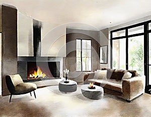 Watercolor of A modern elegant living room with a warm