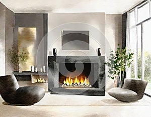 Watercolor of A modern elegant living room with a warm
