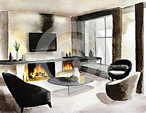 Watercolor of A modern elegant living room with a warm