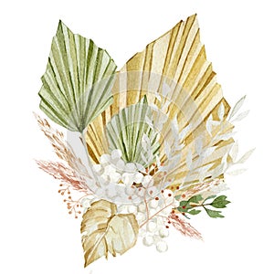 Watercolor modern floral and dasty leaves bouquet. Luxure tropical bohemian illustration in trendy style for wedding invintation, photo