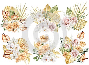 Watercolor modern flowers and wilflorals bouquet set. Branches, rose, pampas graas. Tropical bohemian illustration
