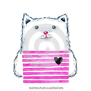 Watercolor modern Kitty in bright wear. Cute animal. Cat. Children cartoon illustration. Can be printed on T-shirts
