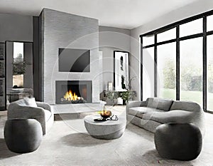 Watercolor of modern living room fireplace grey stone