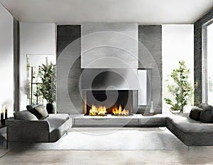 Watercolor of modern living room fireplace grey stone