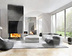 Watercolor of modern living room fireplace grey stone