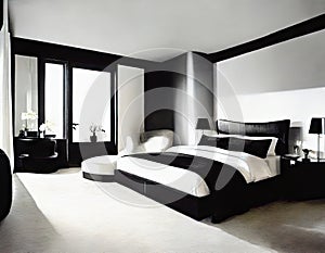 Watercolor of Modern sophisticated monochrome bedroom with lavish