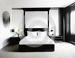 Watercolor of Modern sophisticated monochrome bedroom with lavish