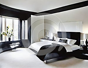 Watercolor of Modern sophisticated monochrome bedroom with lavish