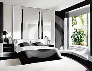 Watercolor of Modern sophisticated monochrome bedroom with lavish
