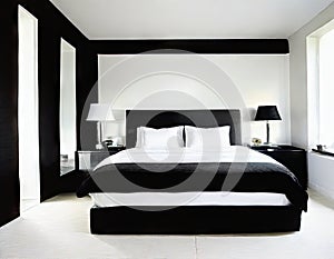 Watercolor of Modern sophisticated monochrome bedroom with lavish