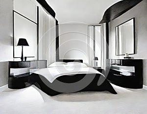 Watercolor of Modern sophisticated monochrome bedroom with lavish