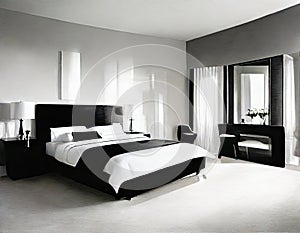 Watercolor of Modern sophisticated monochrome bedroom with lavish