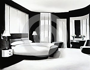 Watercolor of Modern sophisticated monochrome bedroom with lavish