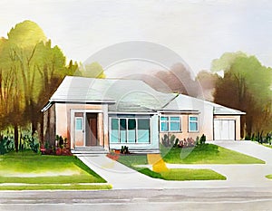 Watercolor of Modern suburban home an idyllic house in a quiet cul de sac in the middle of the neighborhood