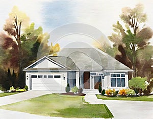 Watercolor of Modern suburban home an idyllic house in a quiet cul de sac in the middle of the neighborhood