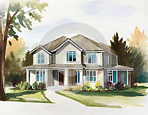 Watercolor of Modern suburban home an idyllic house in a quiet cul de sac in the middle of the neighborhood