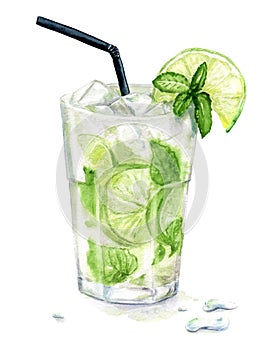 Watercolor mojito cocktail with mint and lime